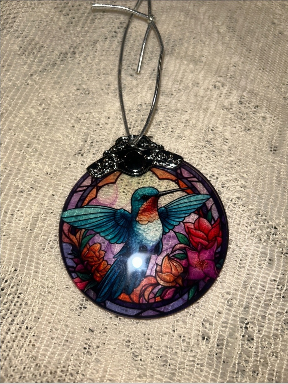 Source Unknown Teal, Purple, Pink Hummingbird Stained-Glass Ornament